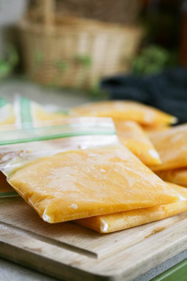 Frozen pumpkin puree in ziplock bags. 