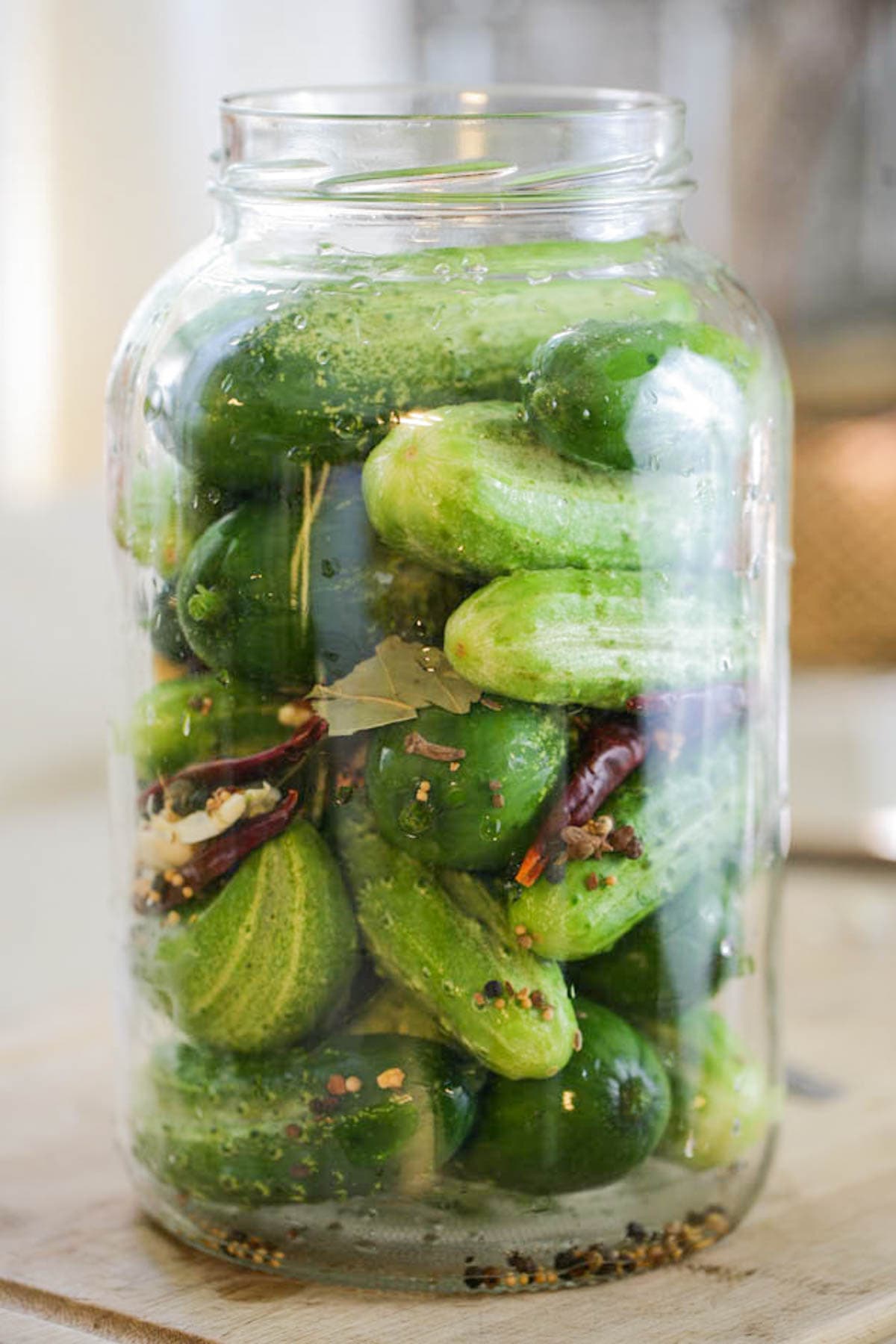 Jar packed with cucumbers ready for the brine.
