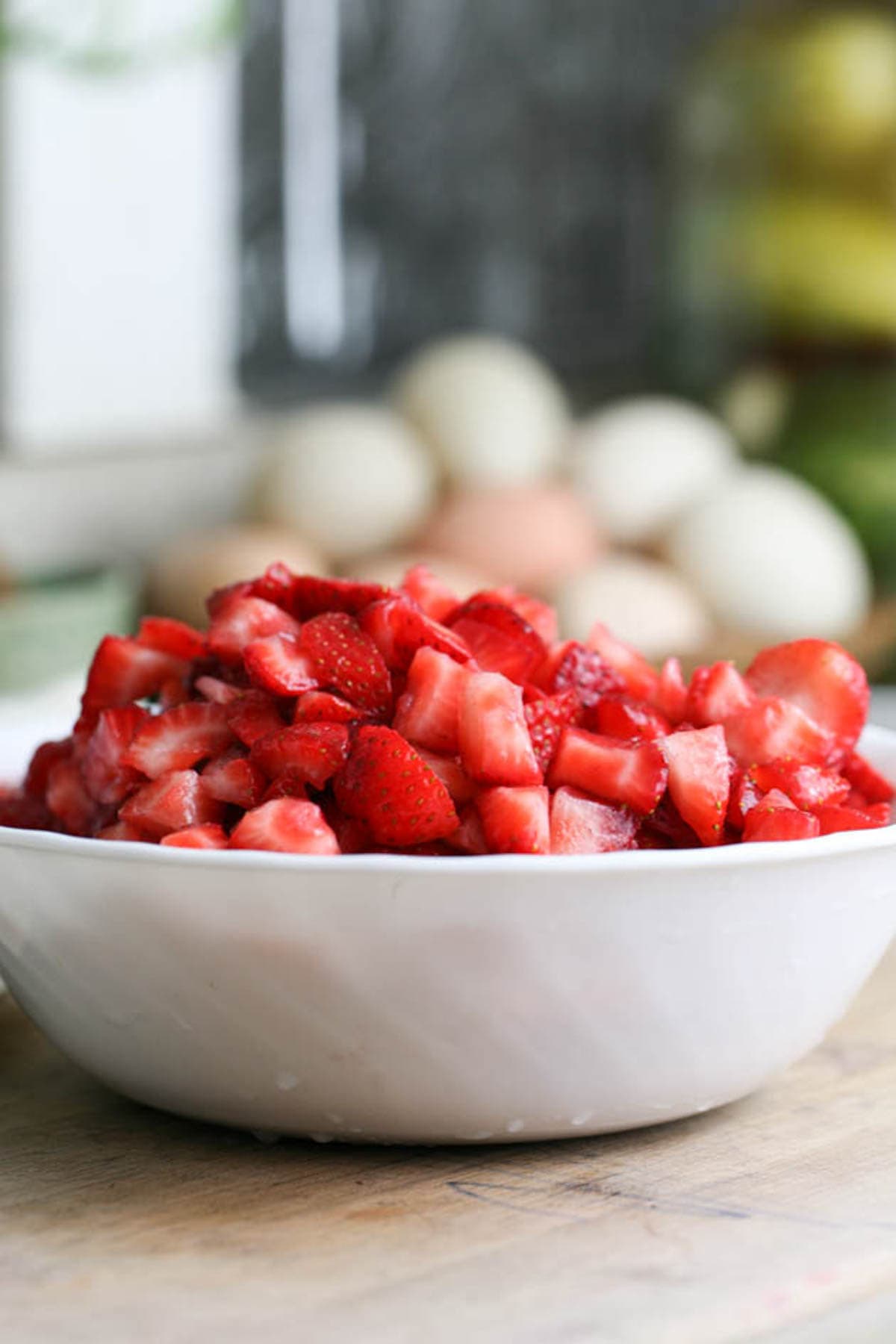Diced strawberries ready to be added to the batter.