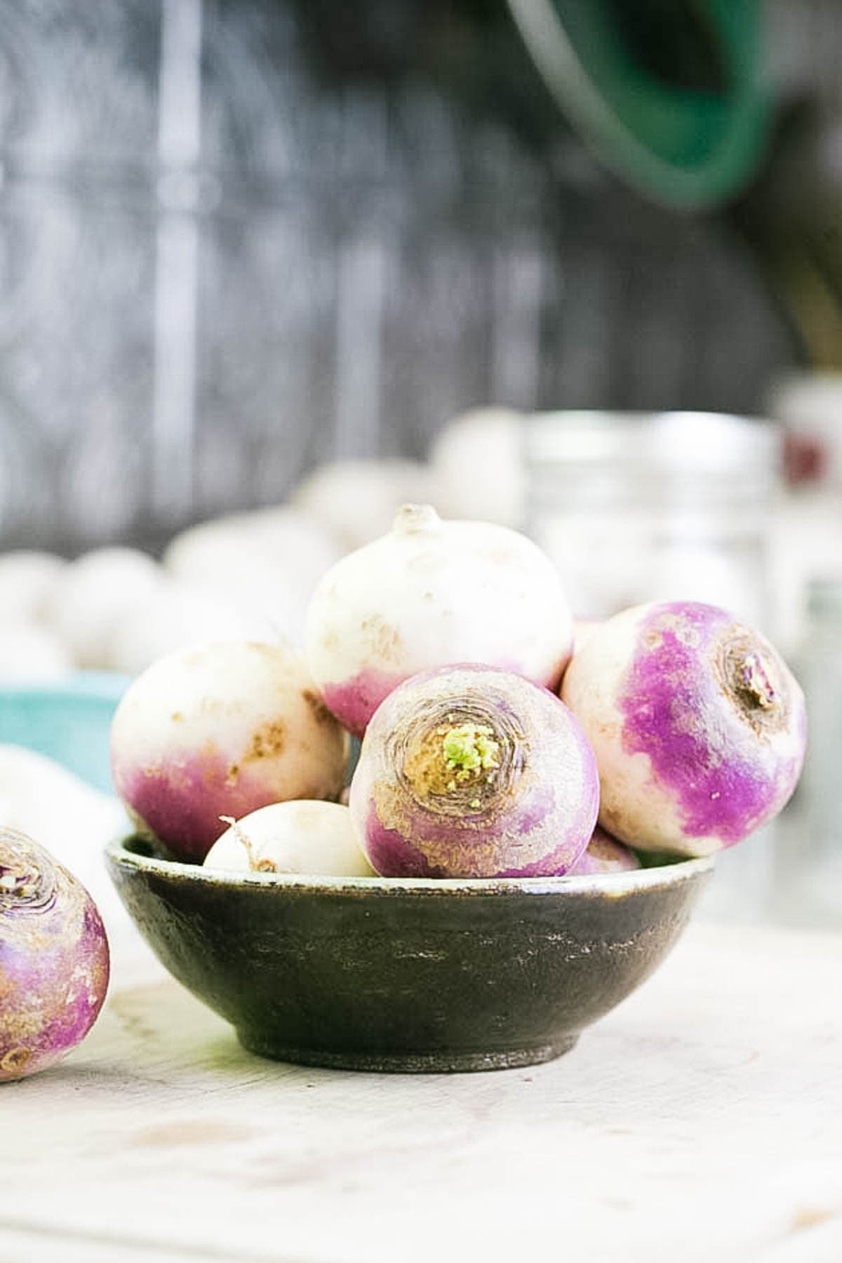 A bowl of fresh turnips.