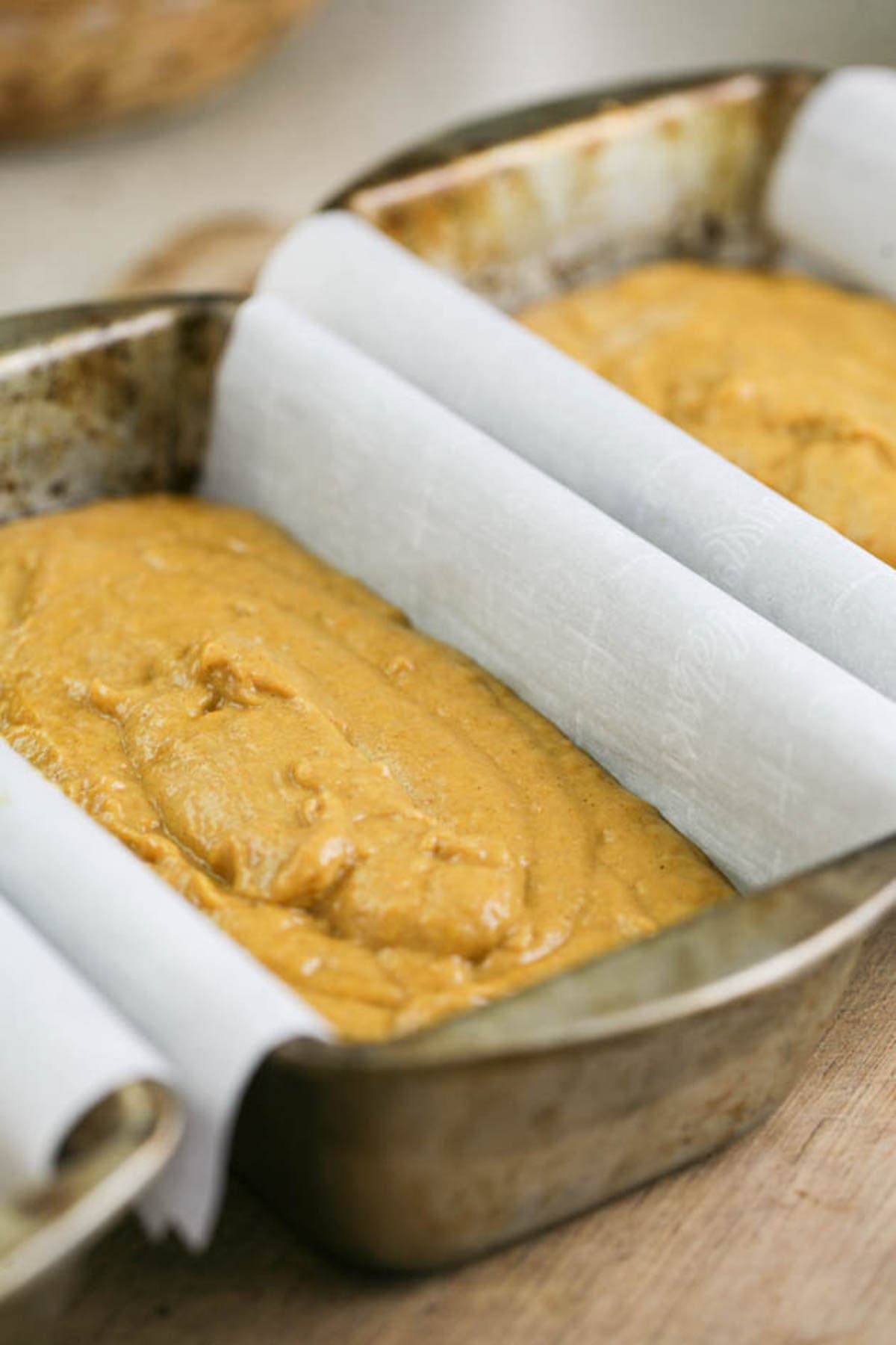 Sweet potato bread batter in pan before baking.