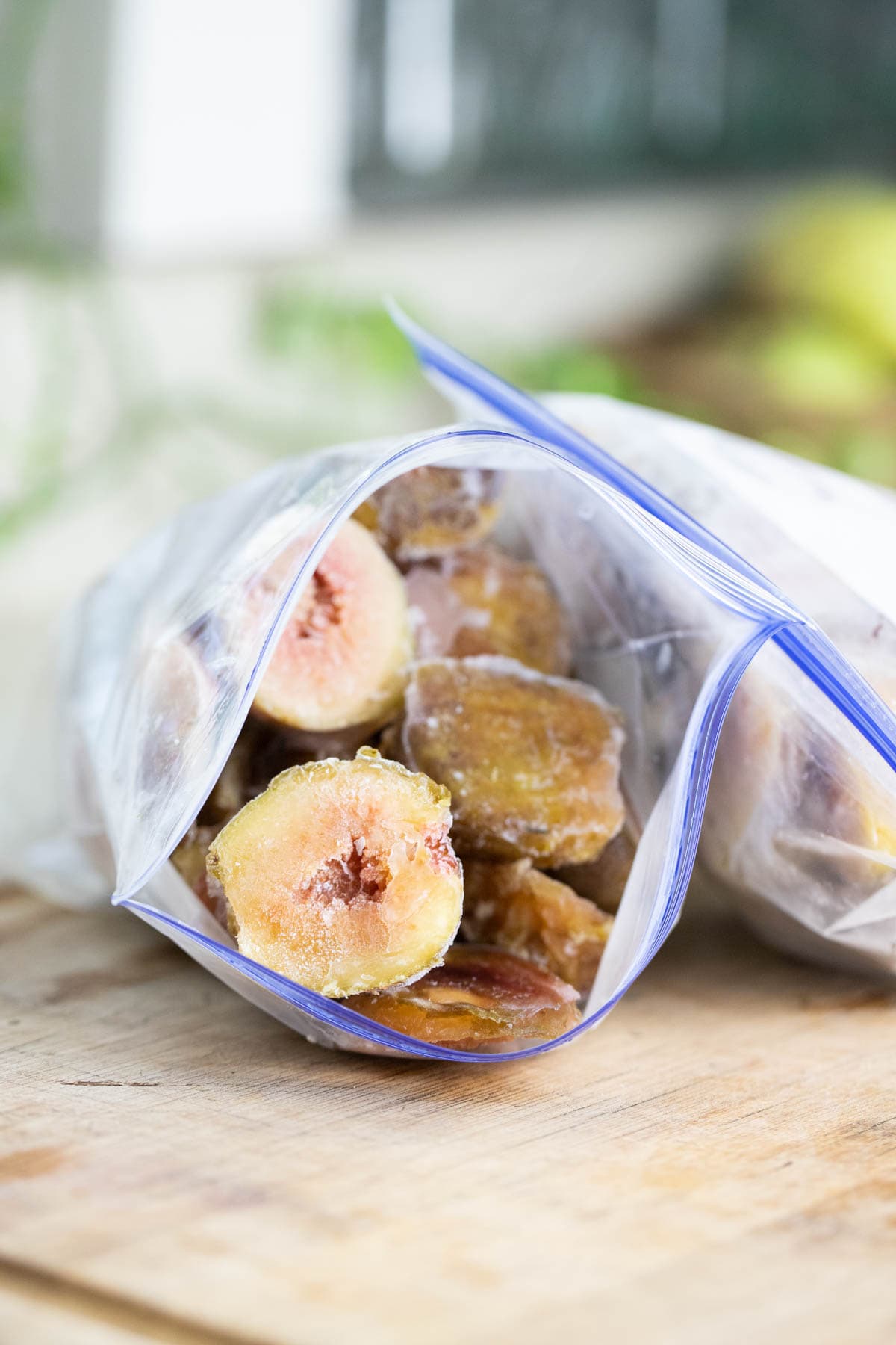 frozen figs in a freezer bag.