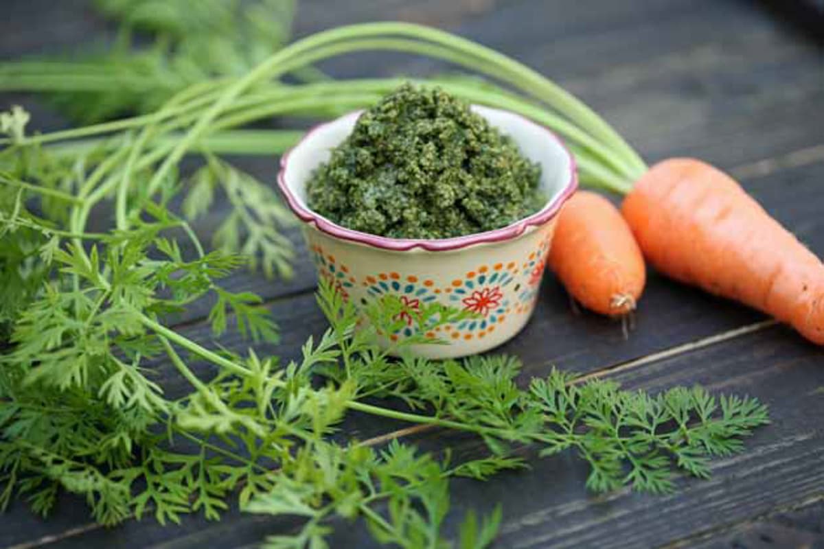 carrot top pesto in a bowl