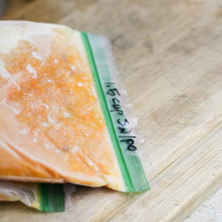 labeling the bag of frozen sweet potatoes