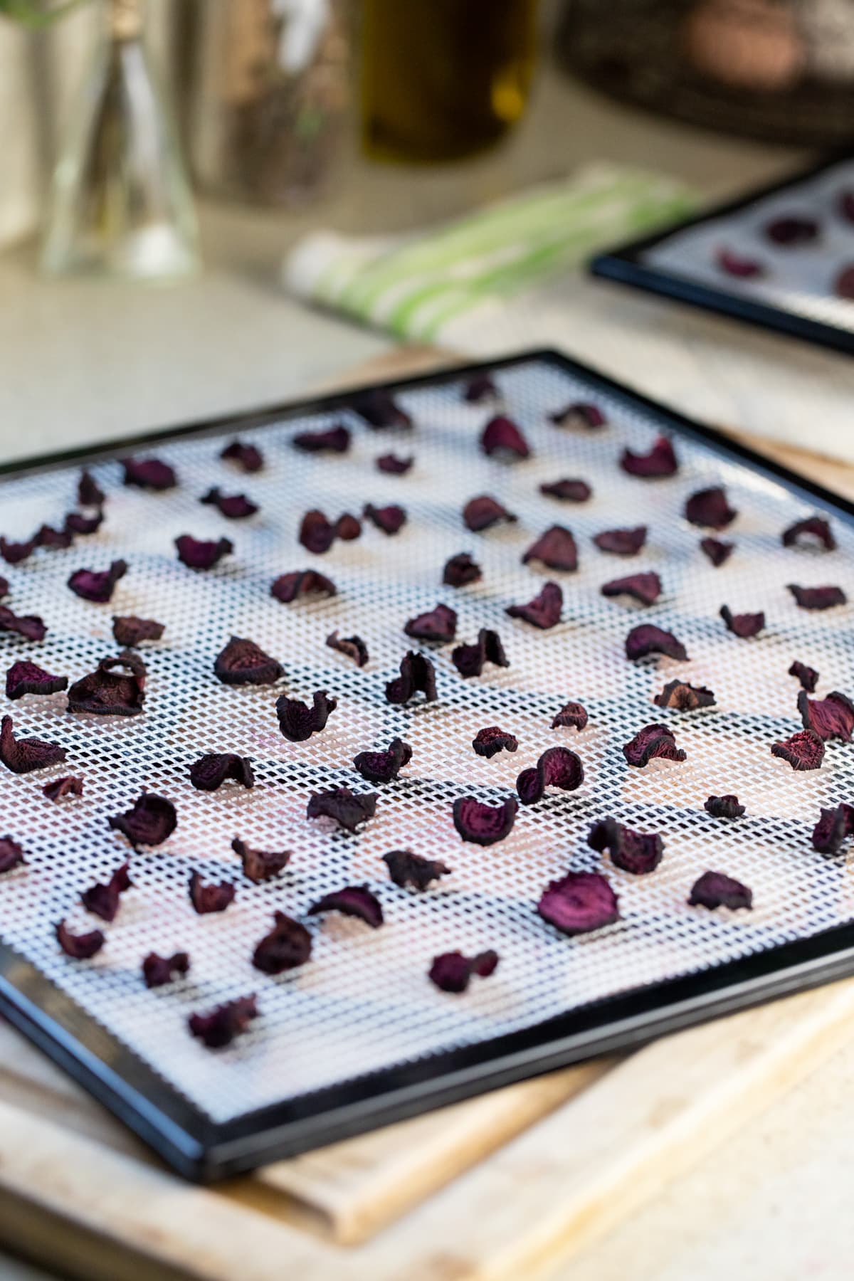 dehydrated beets on the tray of the dehydrator
