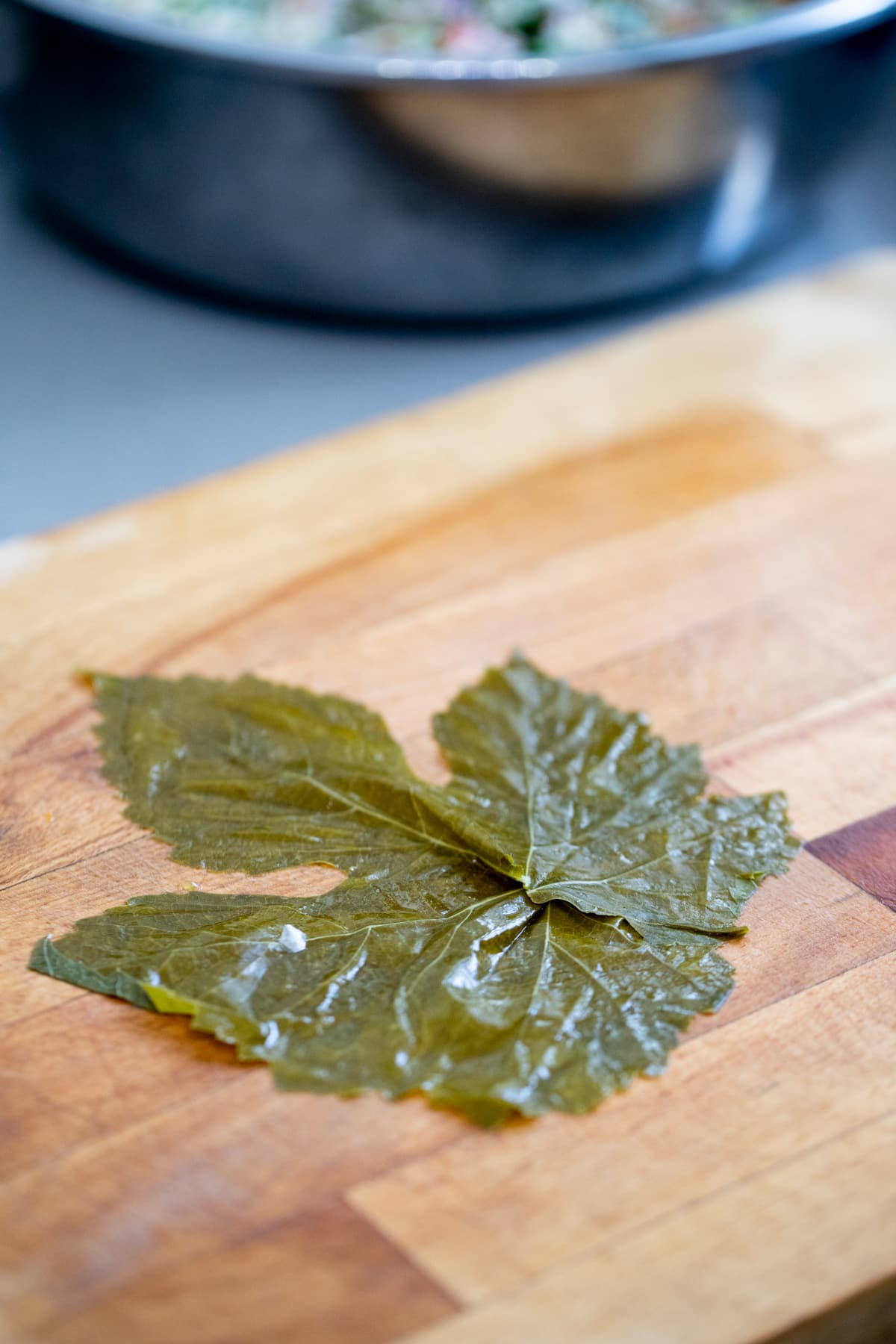 prepping the grape leaf for folding 