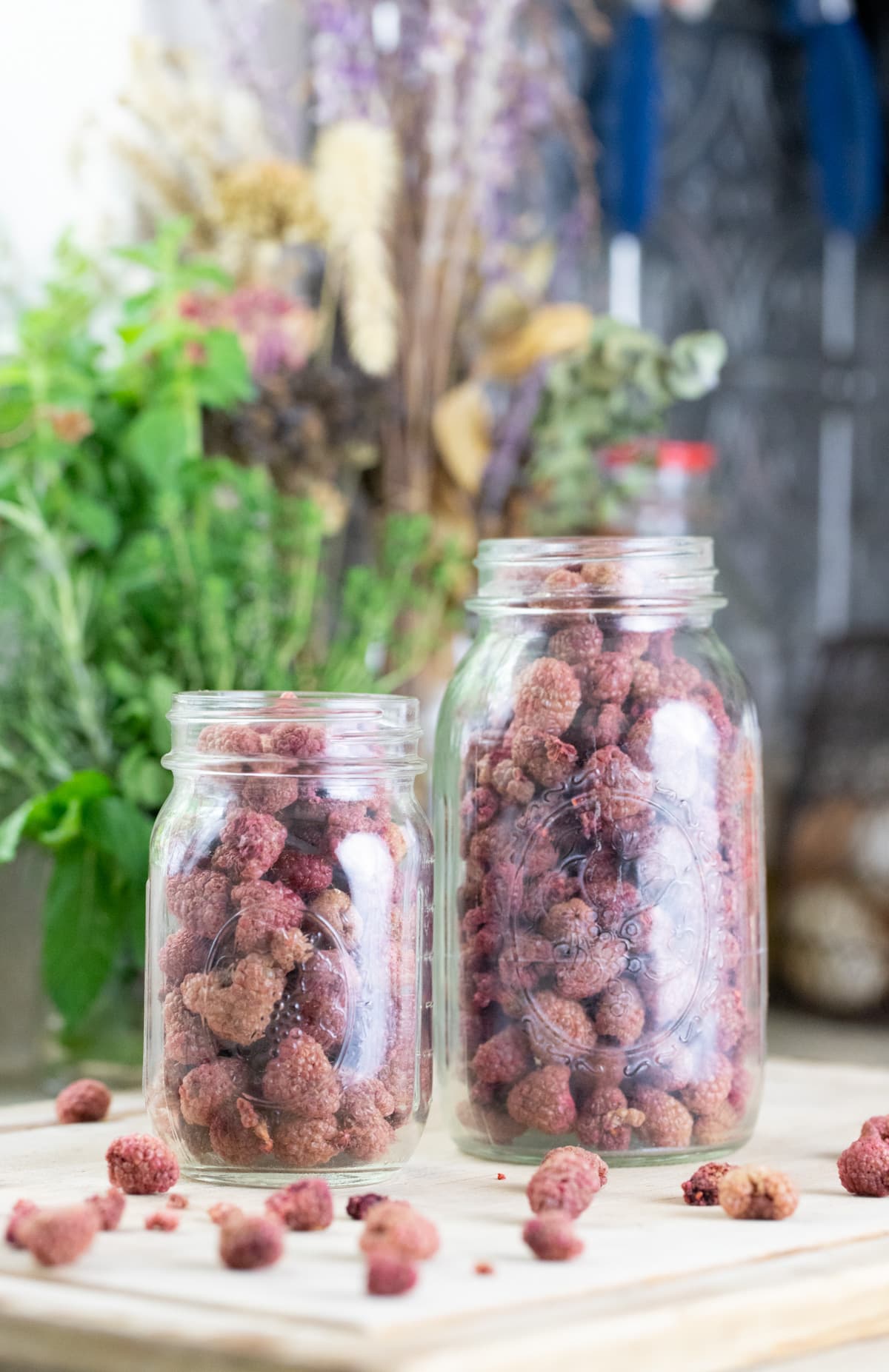 dehydrated raspberries in jars