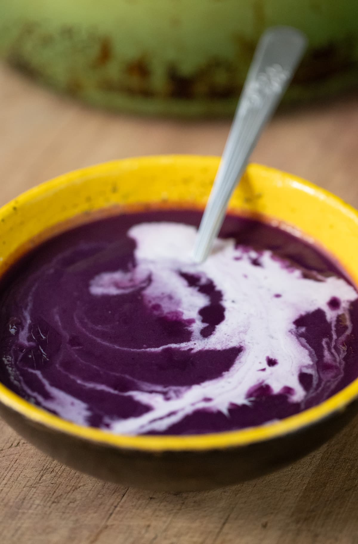 serving purple sweet potato soup