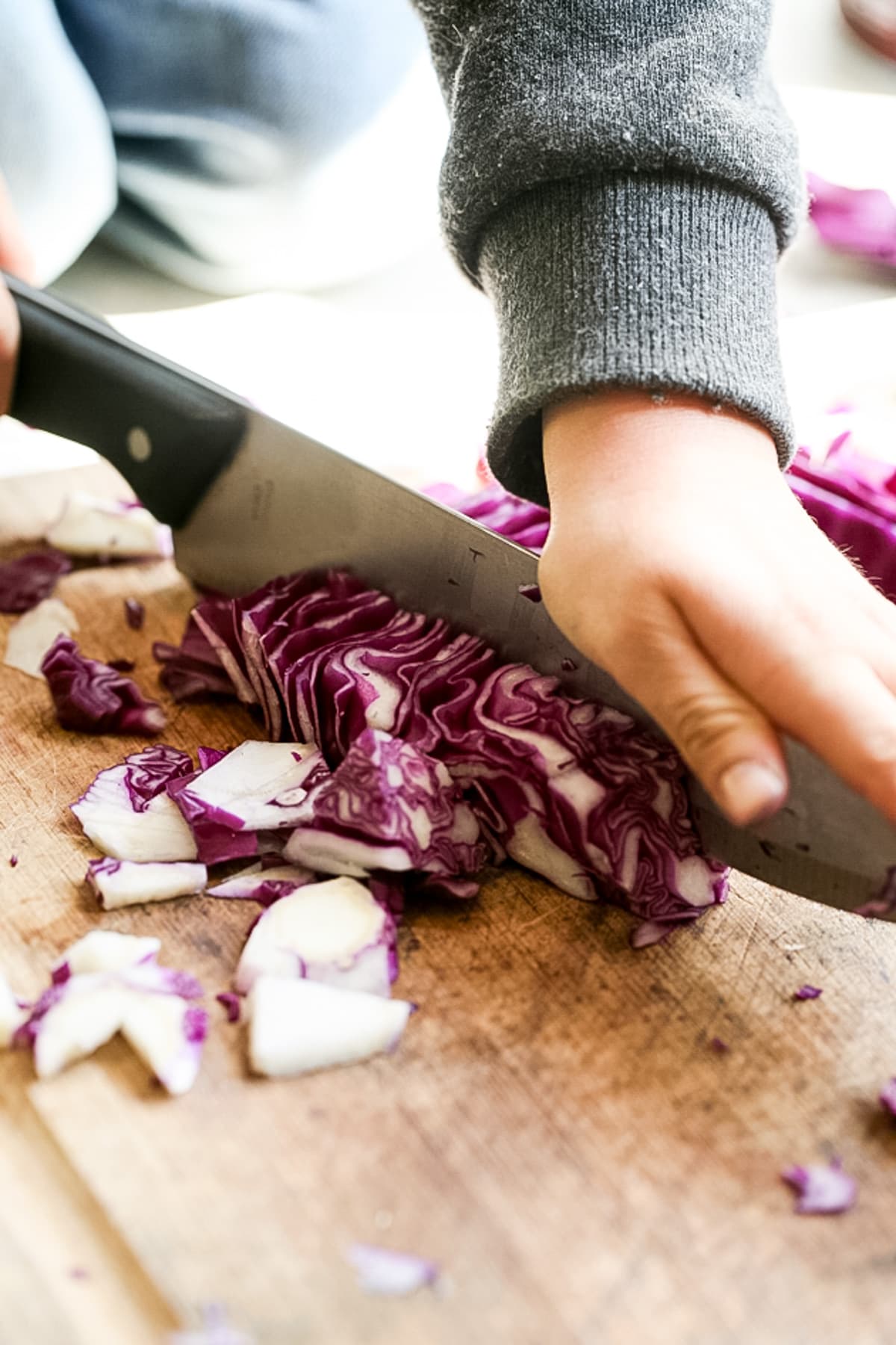 chopping the red cabbage