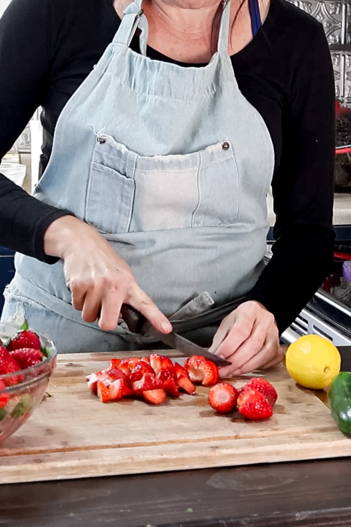 dicing strawberries