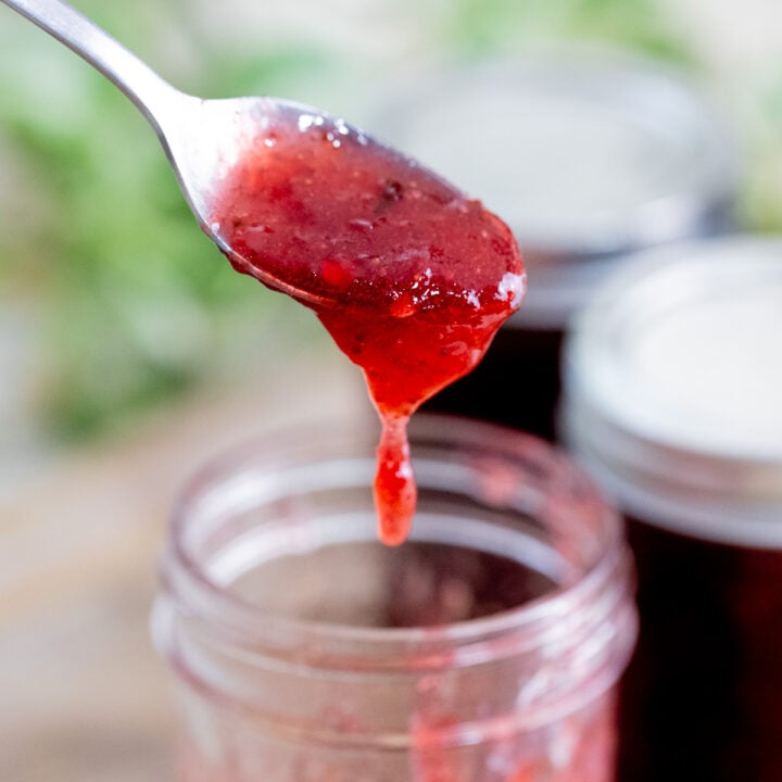 strawberry jalapeno jam on a spoon
