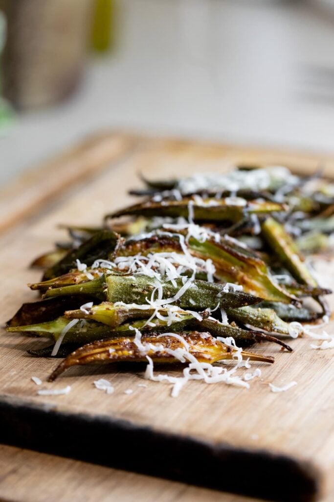 roasted okra with shredded cheddar cheese